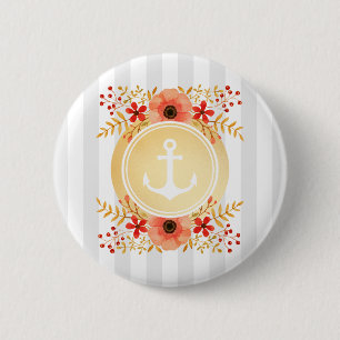 Gold Nautical Anchor Watercolor Floral Striped 6 Cm Round Badge