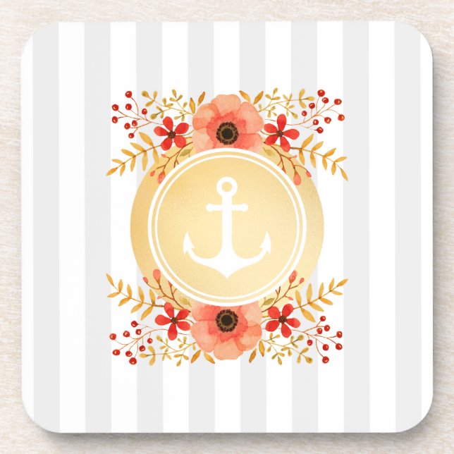 Gold Nautical Anchor Watercolor Floral Striped Coaster (Front)