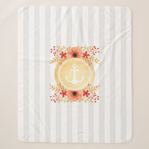 Gold Nautical Anchor Watercolor Floral Striped Sherpa Blanket