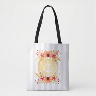 Gold Nautical Anchor Watercolor Floral Striped Tote Bag