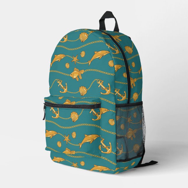 Gold Nautical Pattern Printed Backpack (Back Corner Right)