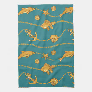 Gold Nautical Pattern Tea Towel