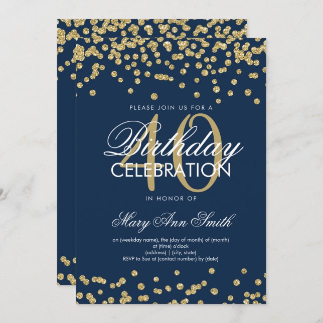 Gold Navy 40th Birthday Party Glitter Confetti Invitation (Front/Back)