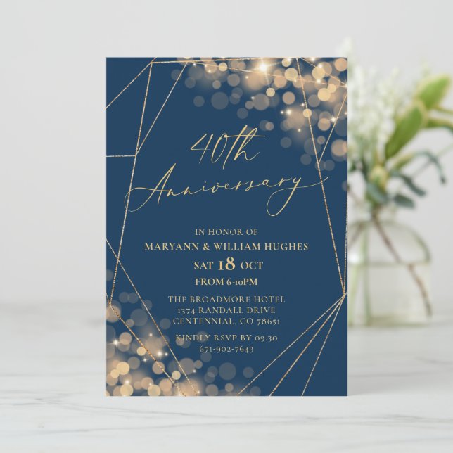 Gold & Navy 40th Wedding Anniversary  Invitation (Standing Front)