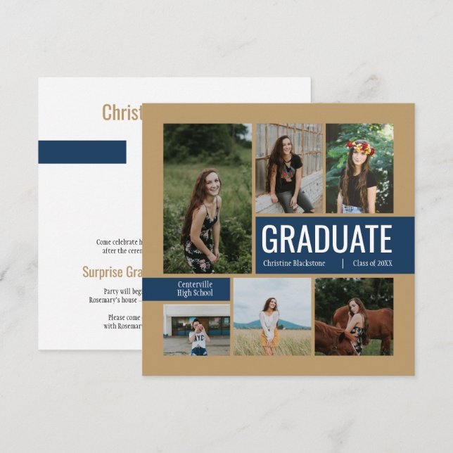 Gold & Navy 6 Photo Graduation Invitation (Front/Back)