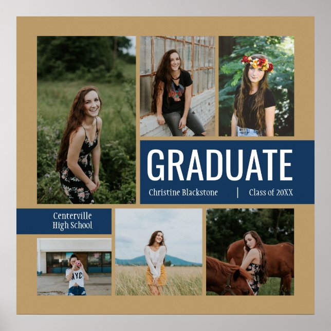 Gold & Navy 6 Photo Graduation Poster (Front)