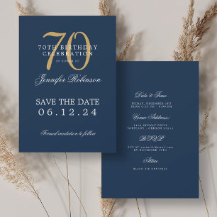 Gold Navy 70th Birthday Save the Date w/ Details Invitation