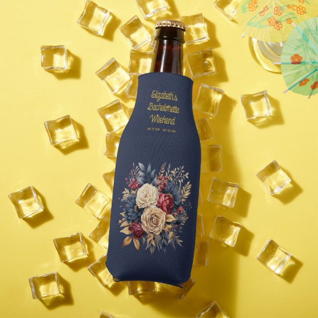 Gold, Navy, and Burgundy Floral Bachelorette Party Bottle Cooler (In Situ Summer)