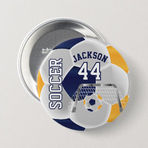 Gold, Navy and White Personalise Soccer Ball 7.5 Cm Round Badge