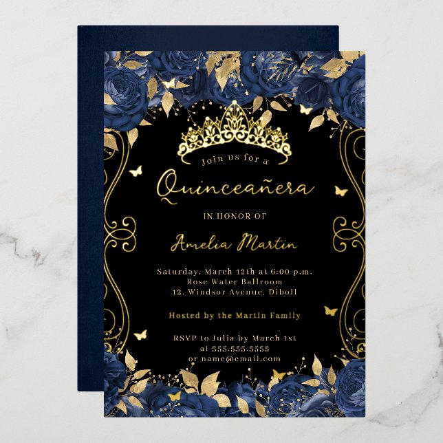 Gold Navy Black Swirl Scroll Floral Quinceanera  (Front/Back)