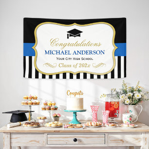 Gold Navy Black White Stripes Graduation Party Banner