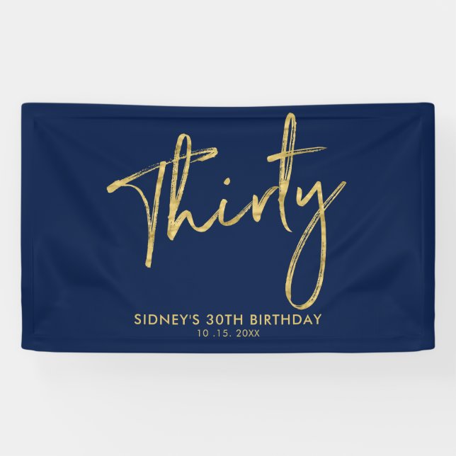 Gold Navy Blue 30th Birthday Party Welcome Banner (Horizontal)