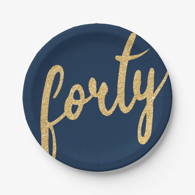 Gold Navy Blue 40 Birthday Party Glitter "Forty" Paper Plate (Front)