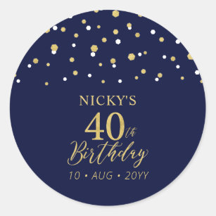 Gold & Navy Blue 40th Birthday Favor Thank you Classic Round Sticker