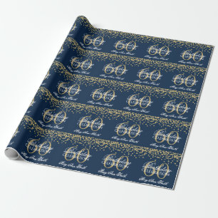 Gold Navy Blue 60th Birthday Glitter Confetti Wrapping Paper