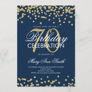 Gold Navy Blue 70th Birthday Glitter Confetti Invitation