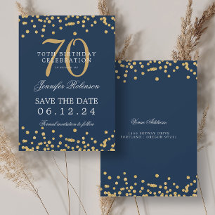 Gold Navy Blue 70th Birthday Save Date Confetti Invitation