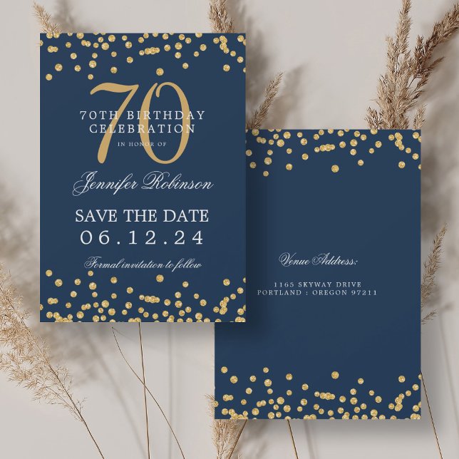 Gold Navy Blue 70th Birthday Save Date Confetti Invitation (Gold Navy Blue 70th Birthday Save Date Confetti Invitation)