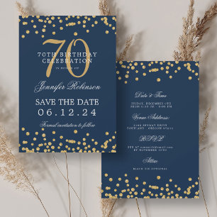 Gold Navy Blue 70th Birthday Save the Date Details Invitation