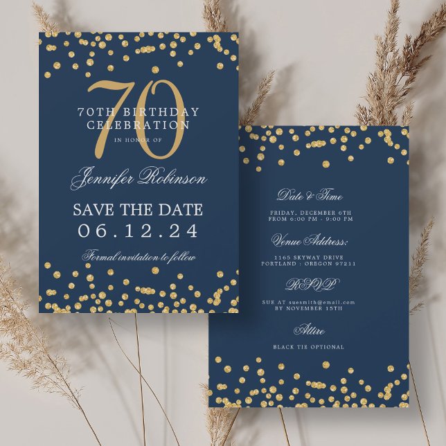Gold Navy Blue 70th Birthday Save the Date Details Invitation (Creator Uploaded)