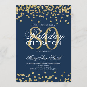 Gold Navy Blue 80th Birthday Glitter Confetti Invitation