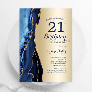 Gold Navy Blue Agate 21st  Birthday Invitation