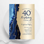 Gold Navy Blue Agate 40th Birthday Invitation<br><div class="desc">Navy blue and gold agate 40th birthday party invitation. Elegant modern design featuring royal blue watercolor agate marble geode background,  faux glitter gold and typography script font. Trendy invite card perfect for a stylish women's bday celebration. Printed Zazzle invitations or instant download digital printable template.</div>