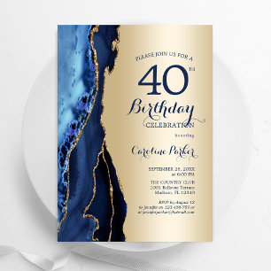 Gold Navy Blue Agate 40th Birthday Invitation