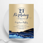 Gold Navy Blue Agate Marble 21st Birthday Invitation<br><div class="desc">Navy blue and gold agate 21st birthday party invitation. Elegant modern design featuring royal blue watercolor agate marble geode background,  faux glitter gold and typography script font. Trendy invite card perfect for a stylish women's bday celebration. Printed Zazzle invitations or instant download digital printable template.</div>