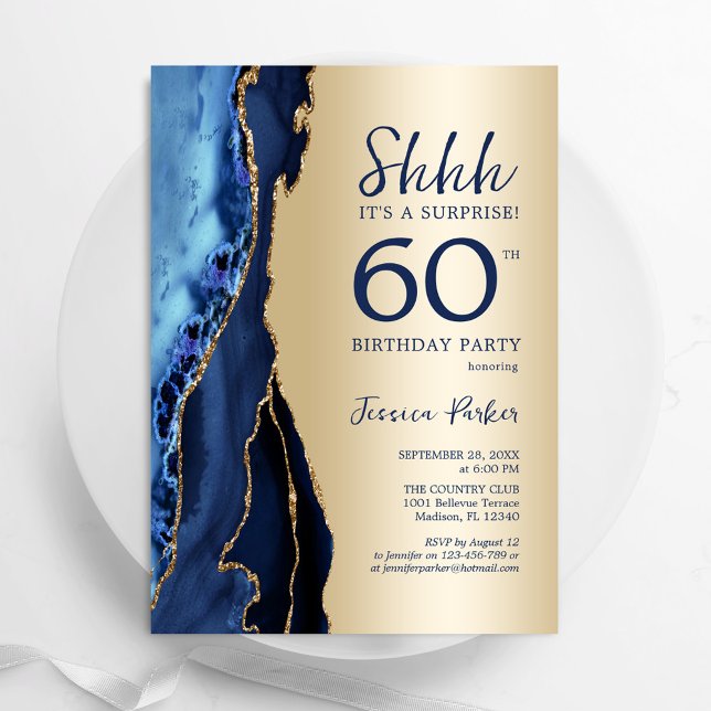 Gold Navy Blue Agate Surprise 60th Birthday Invitation (Creator Uploaded)