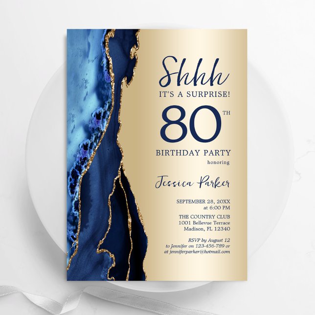 Gold Navy Blue Agate Surprise 80th Birthday Invitation (Creator Uploaded)