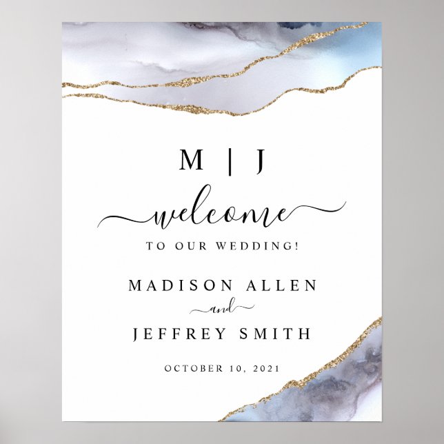 Gold & Navy Blue Agate Wedding Welcome Sign (Front)