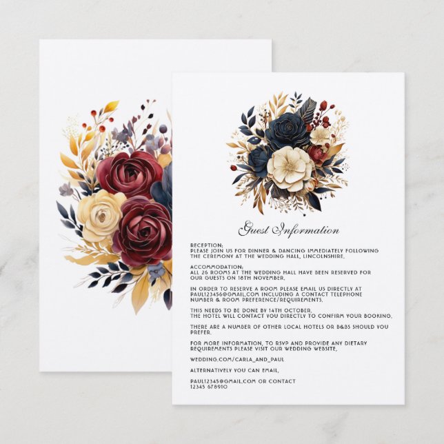 Gold, Navy Blue, and Burgundy Floral Guest Details Enclosure Card (Front/Back)