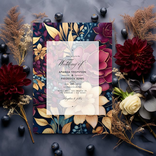 Gold, Navy Blue, and Burgundy Floral Wedding Invitation (Creator Uploaded)