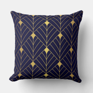 Gold Navy Blue Art Deco Diamond Pattern Cushion