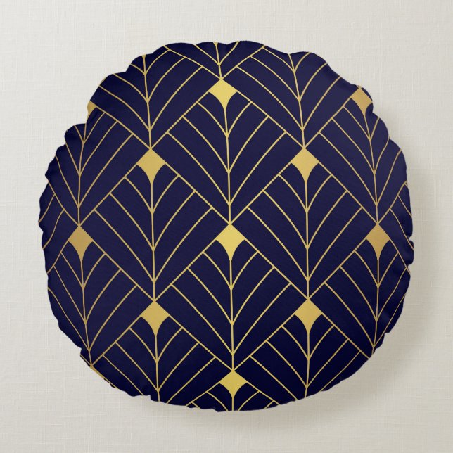 Gold Navy Blue Art Deco Diamond Pattern Round Cushion (Front)
