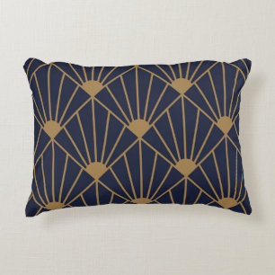 Gold Navy Blue Art Deco Fan Pattern  Decorative Cushion