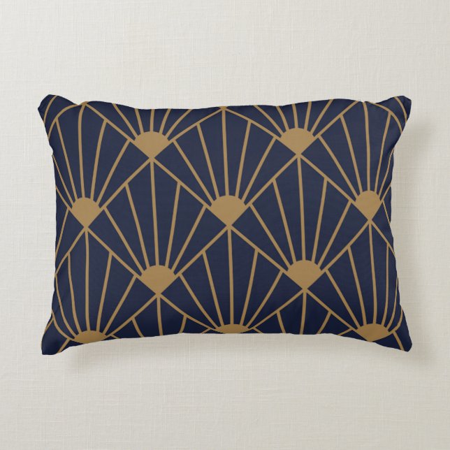 Gold Navy Blue Art Deco Fan Pattern  Decorative Cushion (Front)
