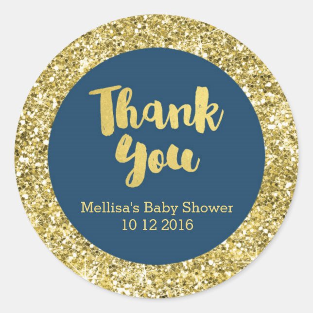 Gold Navy Blue Baby Shower Thank You Favour Sticke Classic Round Sticker (Front)