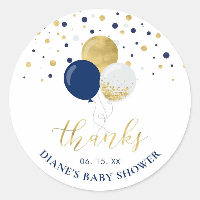 Gold & Navy Blue Balloons | Party Favour Thank you Classic Round Sticker (Front)