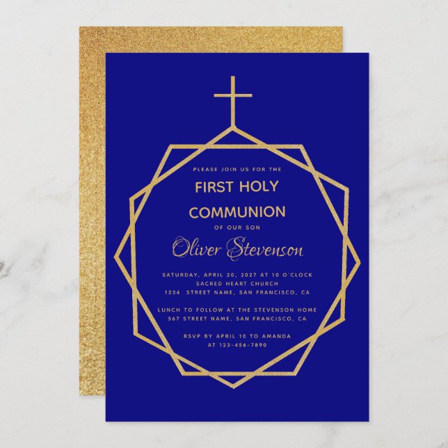 Gold Navy Blue Boy First Holy Communion Geometric Invitation (Front/Back)