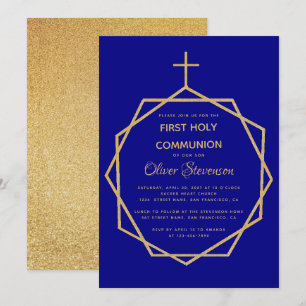 Gold Navy Blue Boy First Holy Communion Geometric Invitation