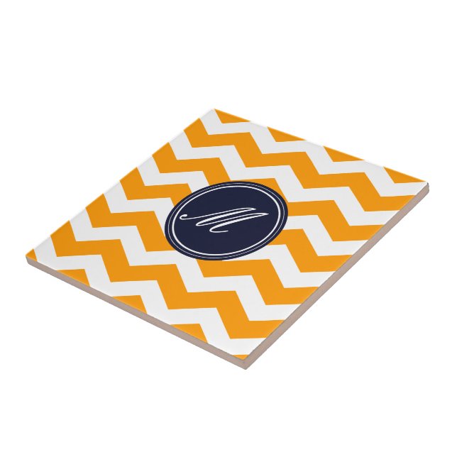 Gold & Navy Blue Chevron with Monogram Tile (Side)