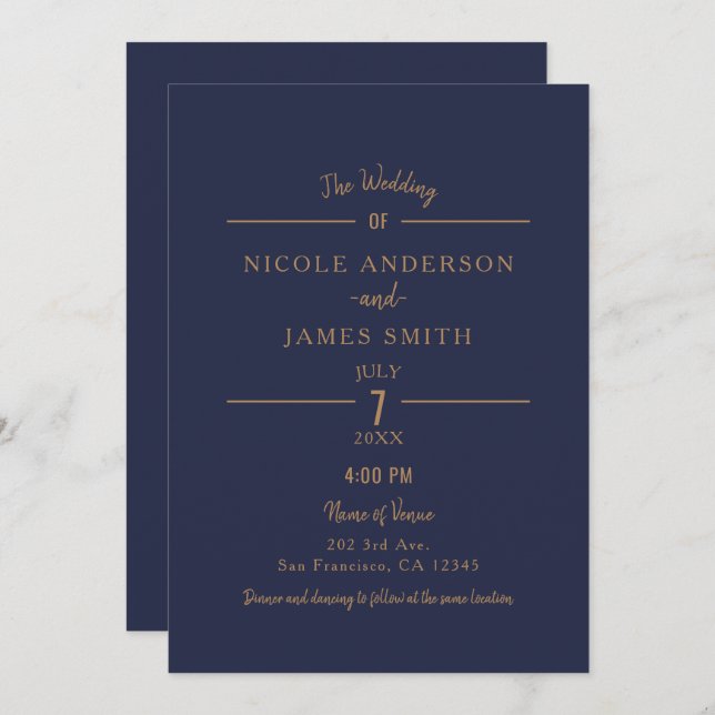 Gold Navy Blue Chic Minimal Clean Classic Wedding Invitation (Front/Back)
