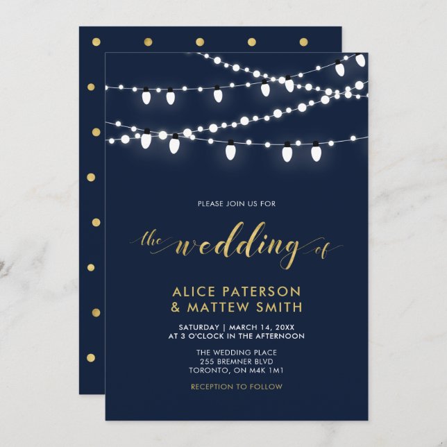 Gold & Navy Blue | Chic Modern Wedding Ceremony In Invitation (Front/Back)