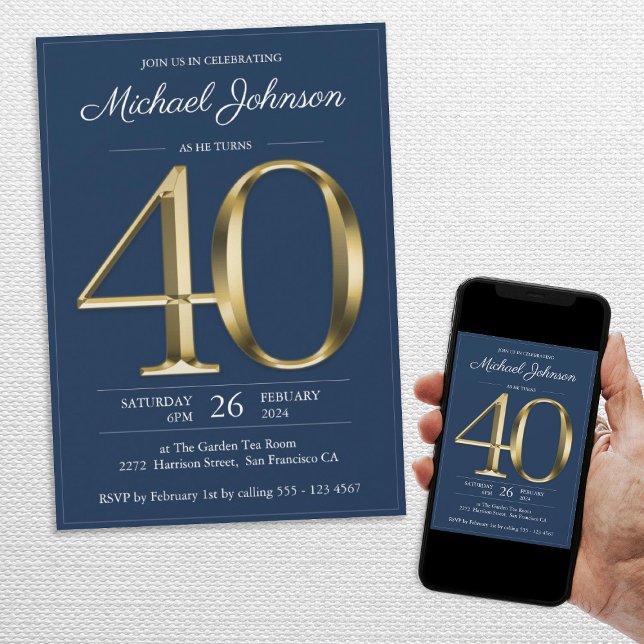 Gold Navy Blue Classy 40th Birthday Party Invitation (Gold Navy Blue Classy 40th Birthday Party Invitation)
