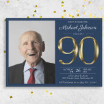 Gold Navy Blue Classy Photo 90th Birthday Party Invitation<br><div class="desc">Gold Navy Blue Classy Photo 90th Birthday Party Invitation. Simple yet classy birthday invitation with the birth year milestone in solid gold text effect! This is an editable template and could be used for both male and female. Contact me if you have any questions, I will do my best to...</div>