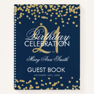 Gold Navy Blue Confetti 21st Birthday Guestbook Notebook