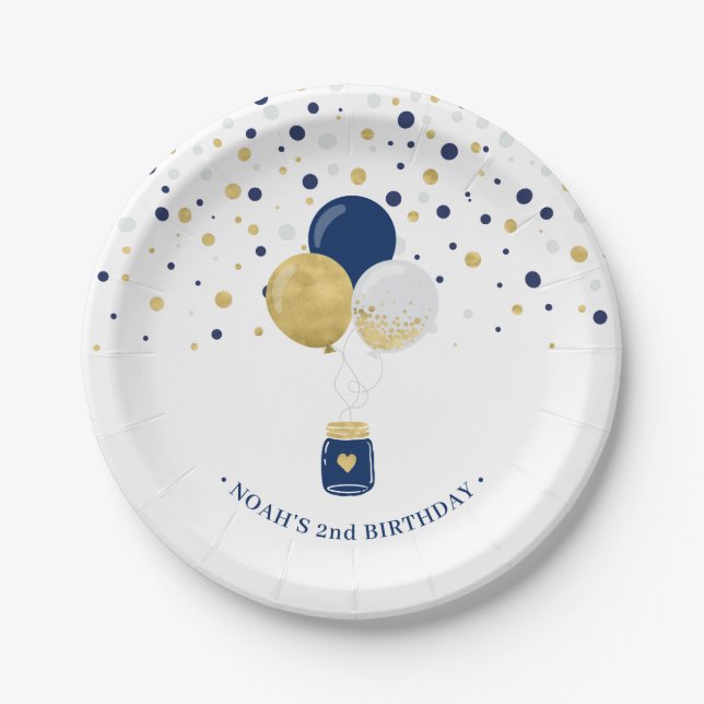 Gold & Navy Blue Confetti Balloons 1st Birthday Pa Paper Plate (Front)