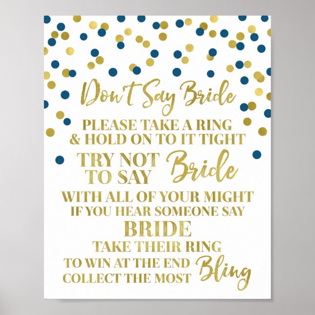 Gold Navy Blue Confetti Don't Say Bride Game Sign (Front)